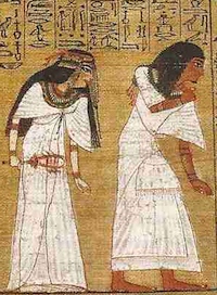 Detail from the Papyrus of Ani, showing Ani and his wife entering at left. Please click to see complete image.